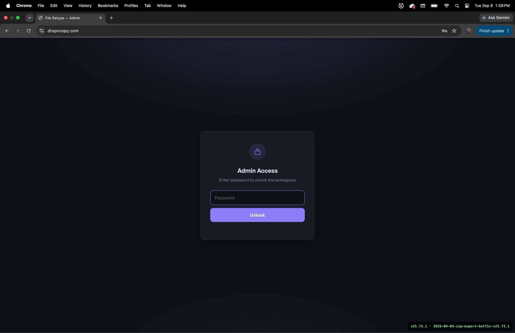 Drop N Copy Admin Access screen on desktop with a lock icon, password field, and purple Unlock button on a dark background.