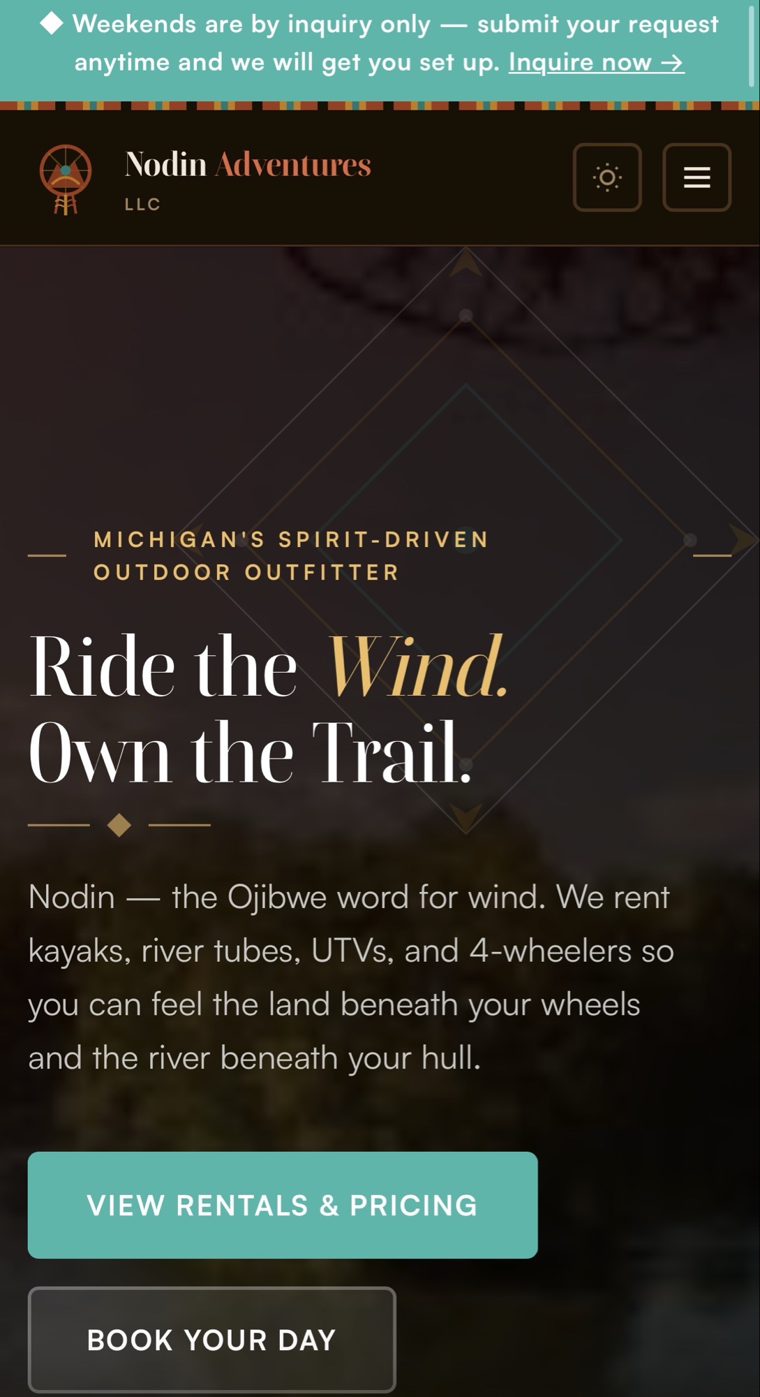 Nodin homepage hero on mobile with weekend inquiry banner and Ride the Wind tagline.