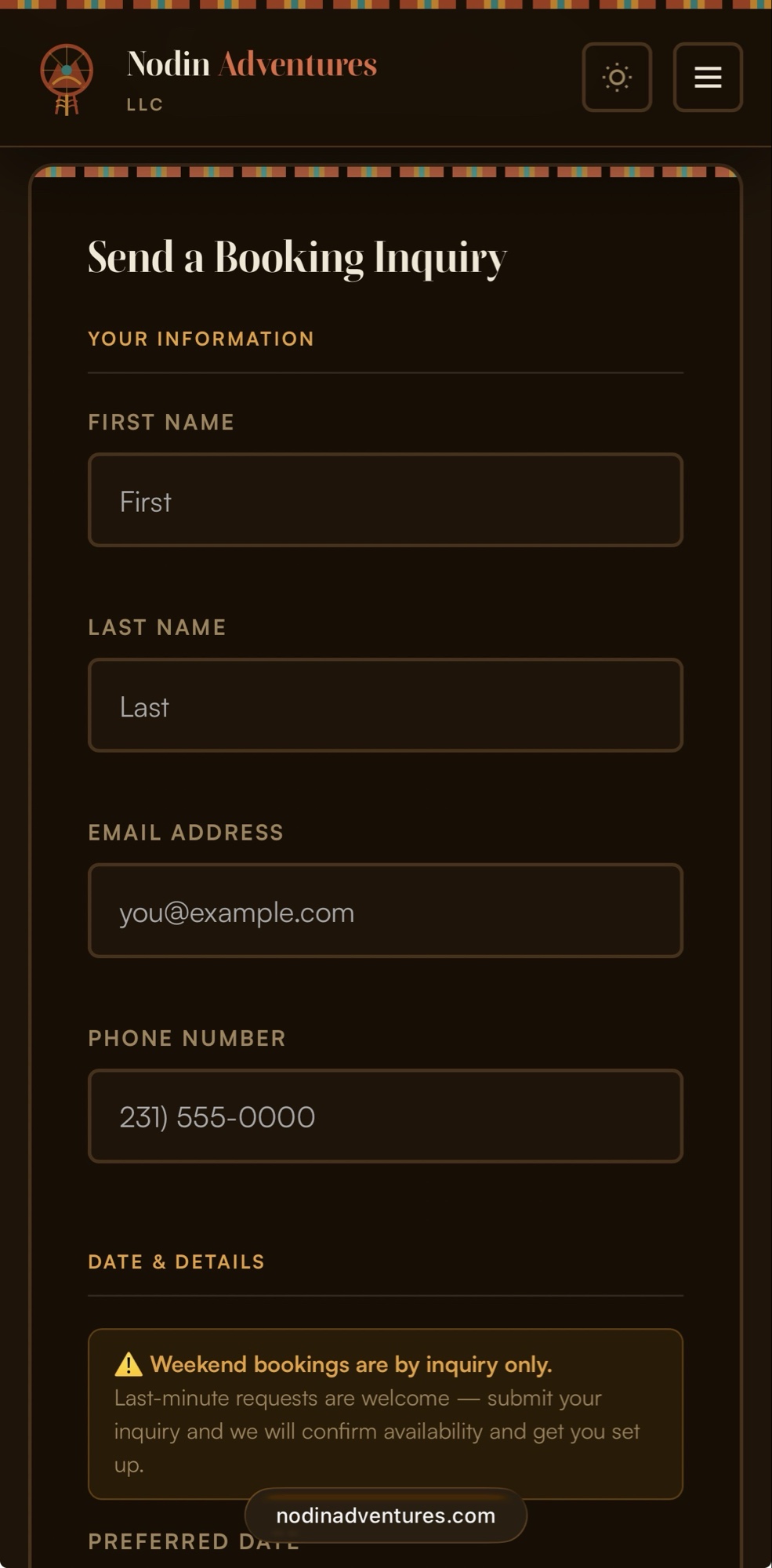 Nodin booking inquiry form with weekend warning banner.