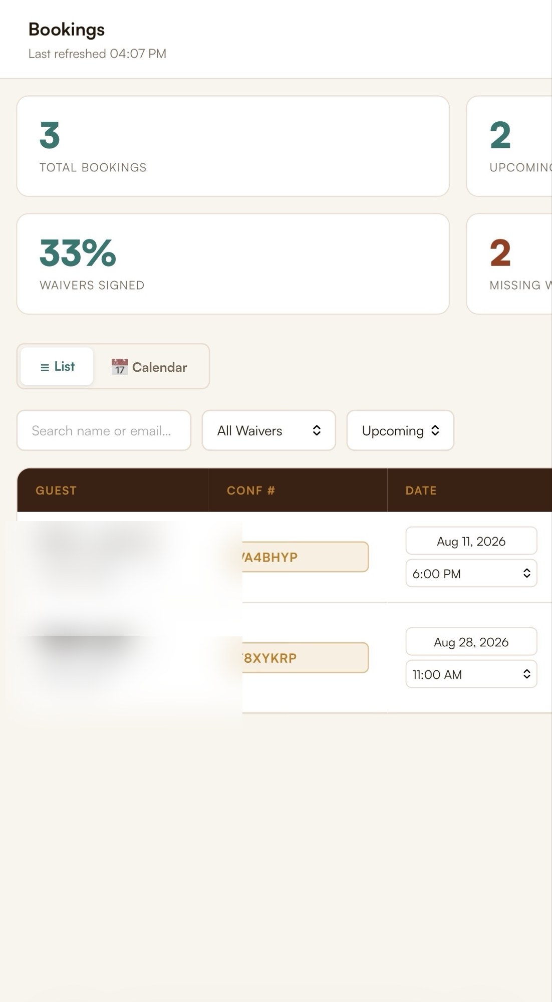 Nodin admin bookings dashboard with totals, waivers signed, and upcoming reservations.