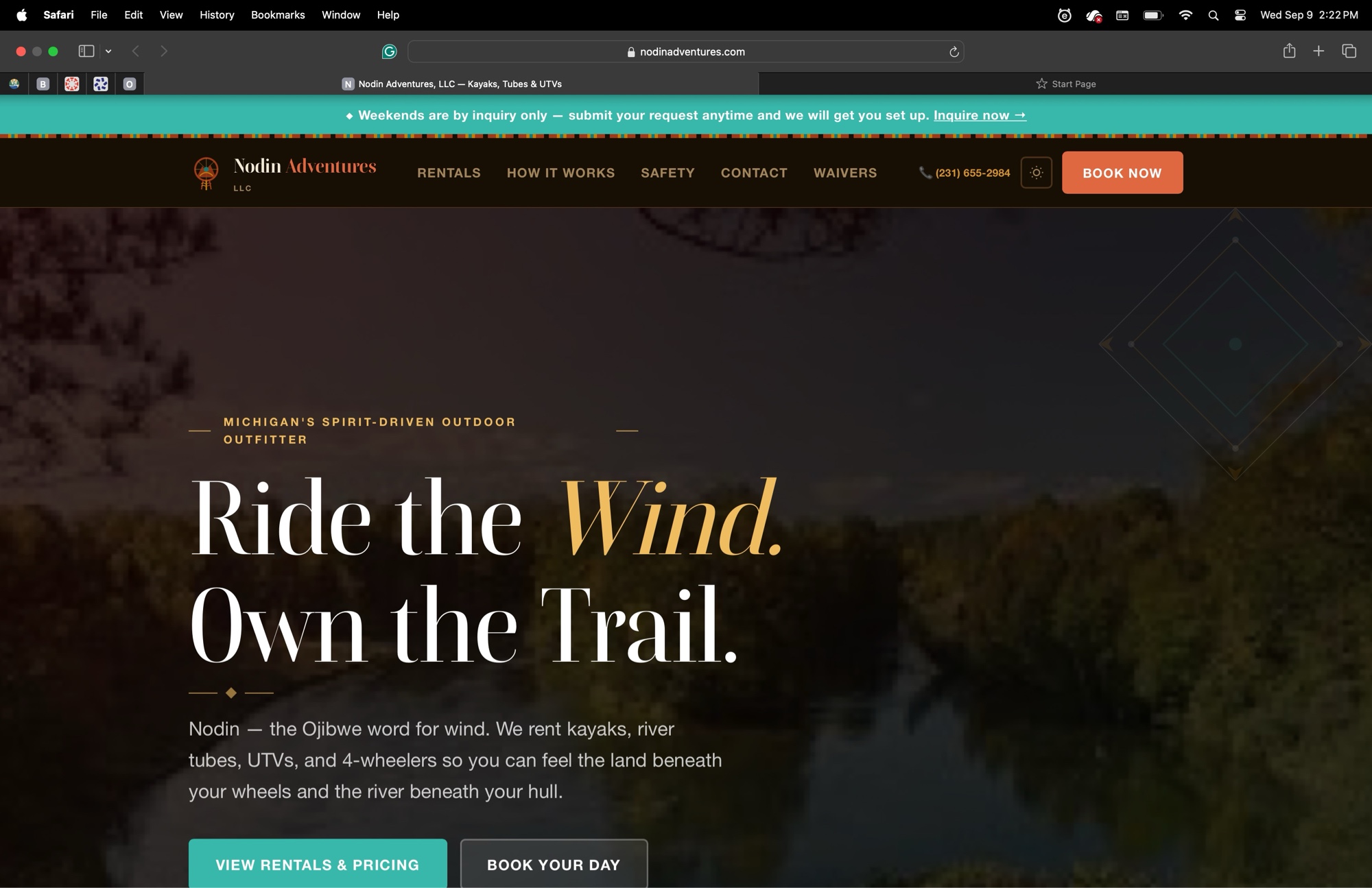 Nodin Adventures homepage on desktop with Ride the Wind. Own the Trail. tagline and inquiry banner.