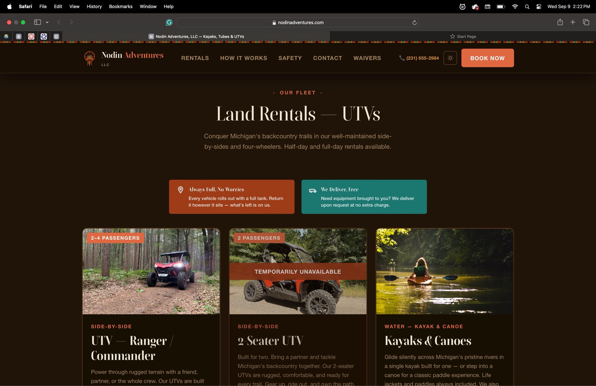 Nodin Adventures Land Rentals section showing UTV, 2 Seater UTV, and Kayaks cards side by side.