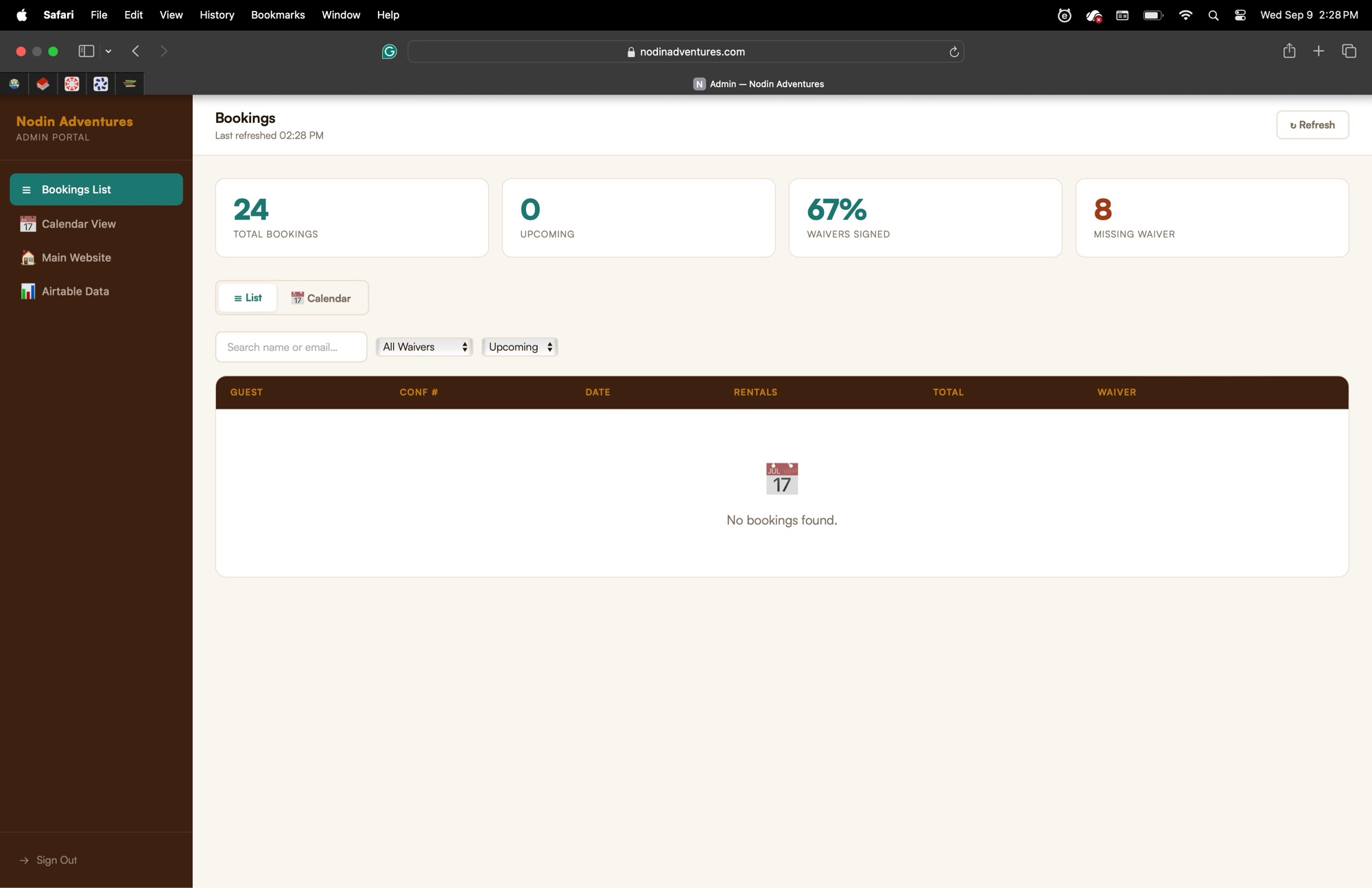 Nodin Adventures admin bookings dashboard with totals, waivers signed, and filter controls.