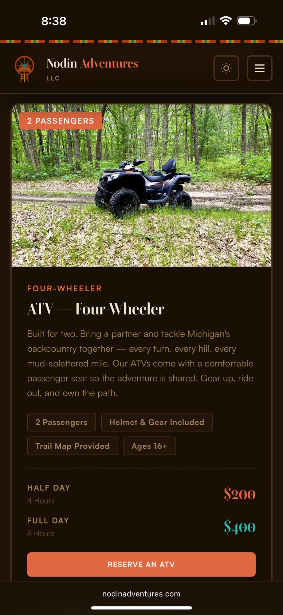 Nodin ATV four-wheeler rental card with pricing.