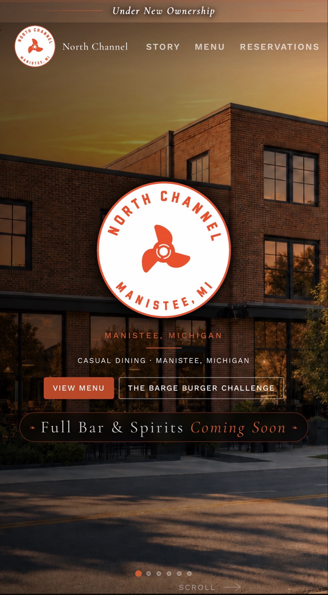 North Channel homepage with Under New Ownership banner, logo, and menu navigation over golden-hour building photo.