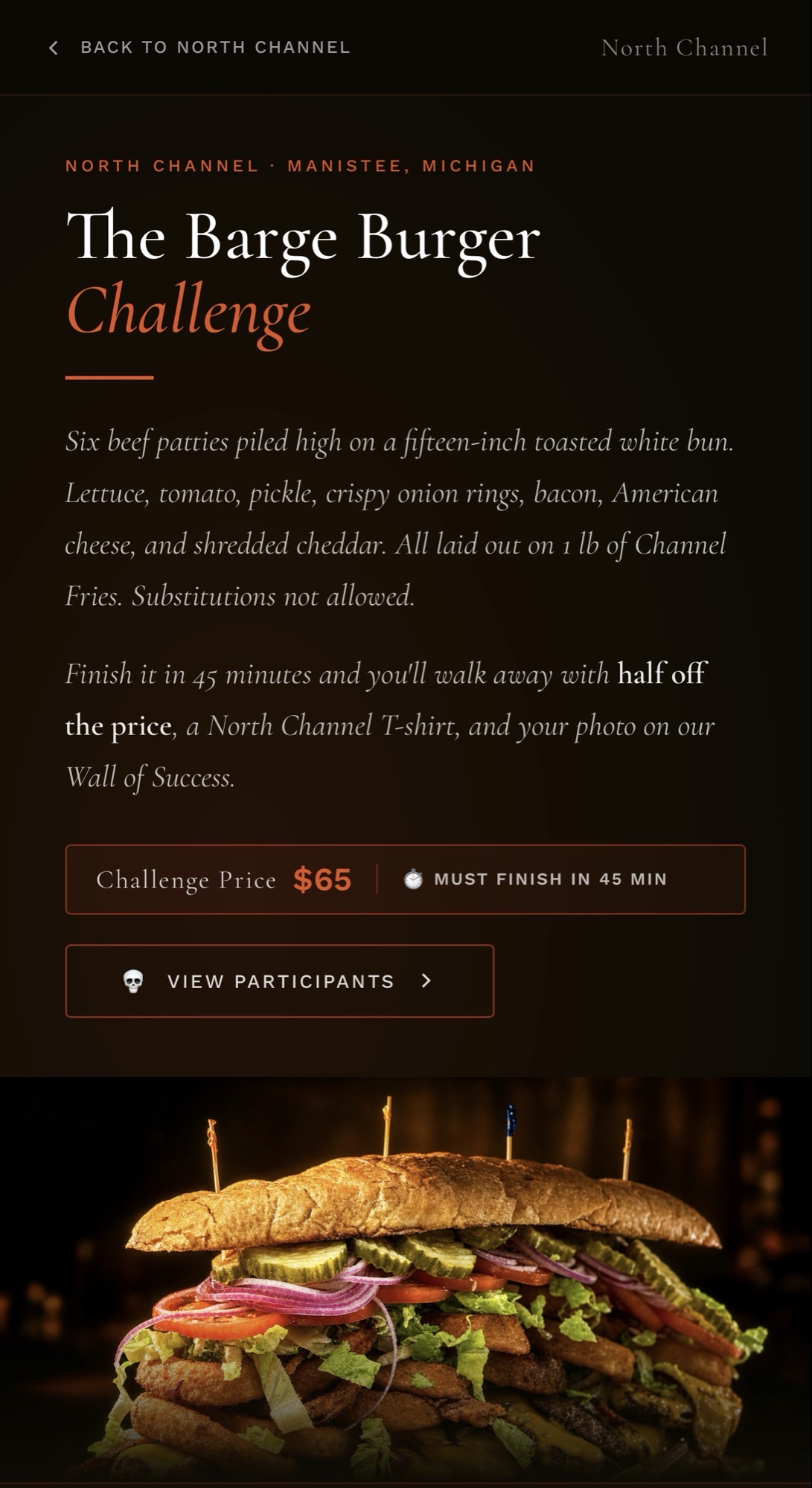 Barge Burger Challenge page with rules, price, and stopwatch styling.