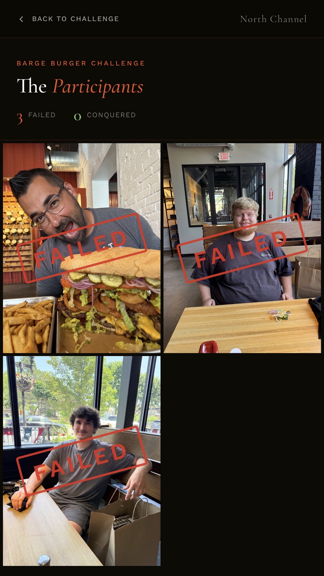 Wall of Success page with participant photos stamped FAILED.