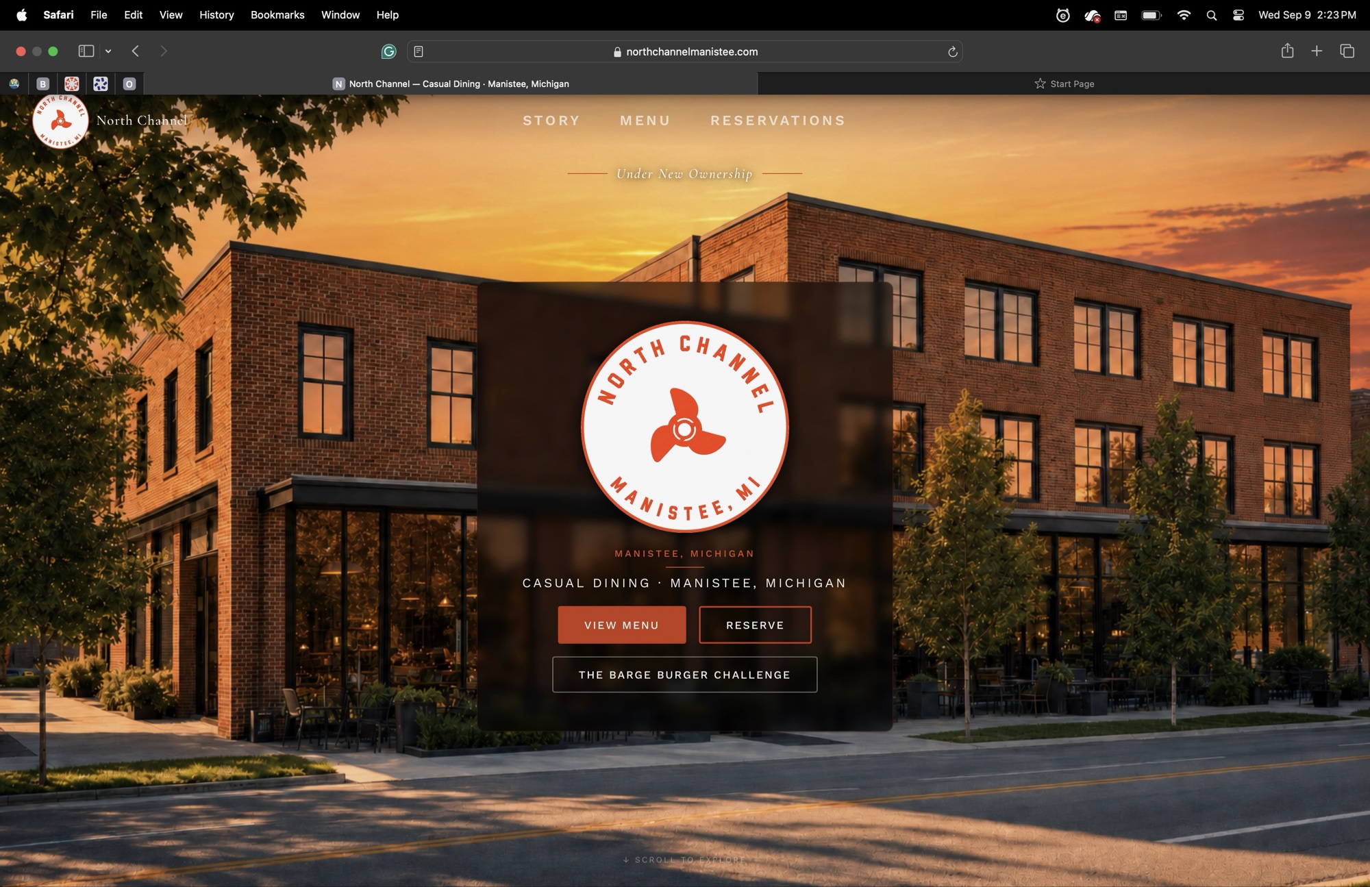 North Channel homepage on desktop with Under New Ownership banner, propeller logo, and View Menu, Reserve, and Barge Burger Challenge buttons over golden-hour building photo.