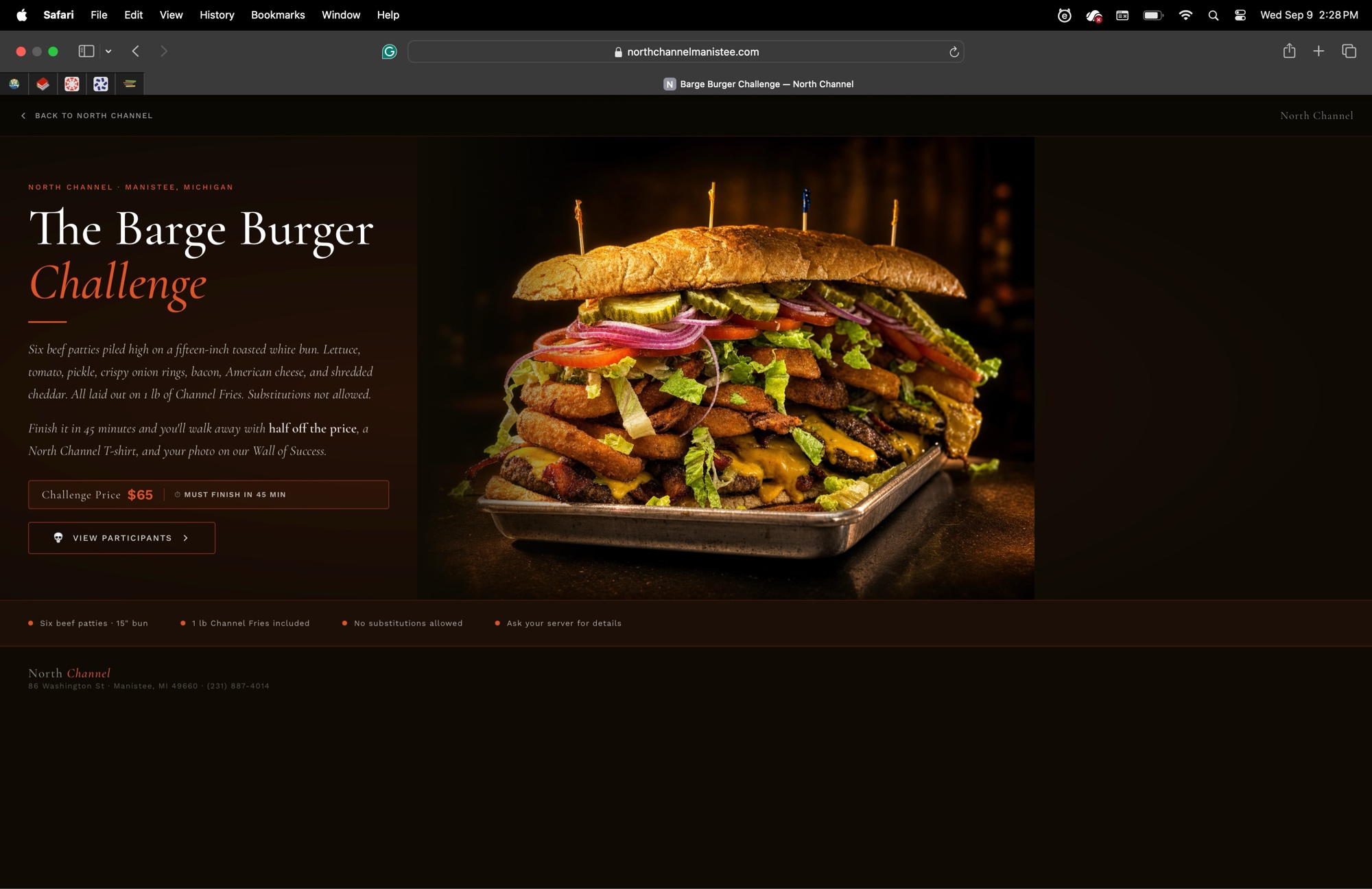 Barge Burger Challenge page on desktop with a photo of the towering burger, rules, $65 price, and 45 minute clock.