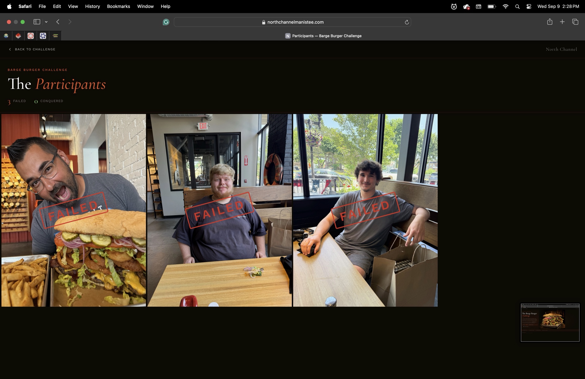 Wall of Success page on desktop with three participant photos stamped FAILED and a running count of 3 failed and 0 conquered.