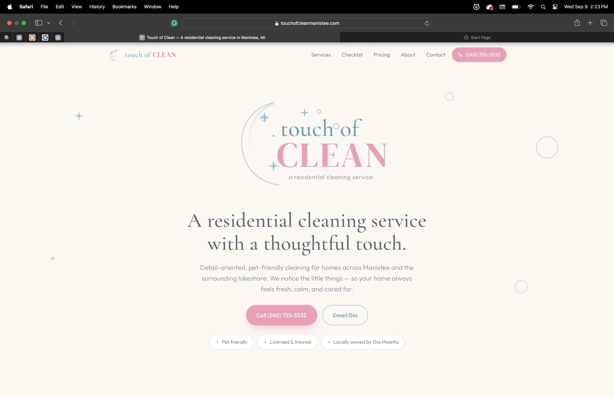 Touch of Clean homepage hero on desktop with the wordmark, a residential cleaning service with a thoughtful touch tagline, call and email buttons, and pet friendly, licensed and insured, locally owned pills.