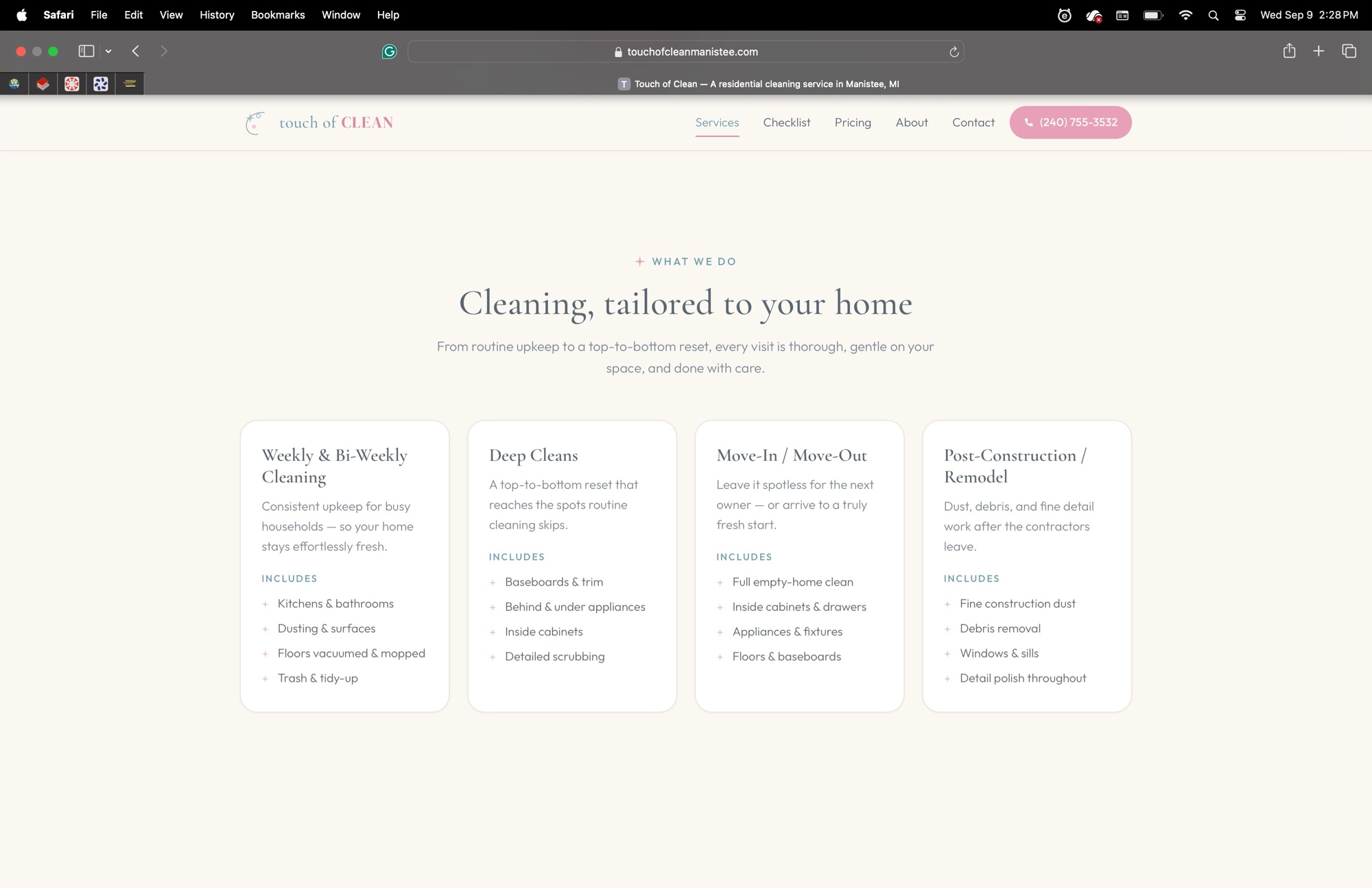 Touch of Clean services section on desktop titled Cleaning tailored to your home with cards for Weekly and Bi-Weekly Cleaning, Deep Cleans, Move-In and Move-Out, and Post-Construction and Remodel.