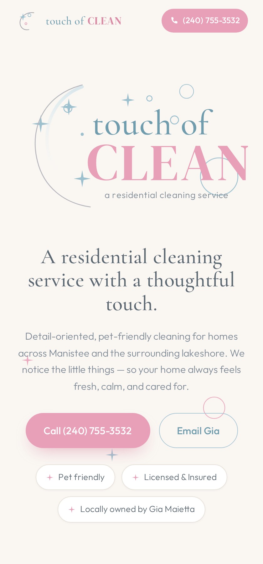 Touch of Clean homepage hero with the wordmark, tagline, call and email buttons, and pet friendly, licensed and insured, locally owned pills.