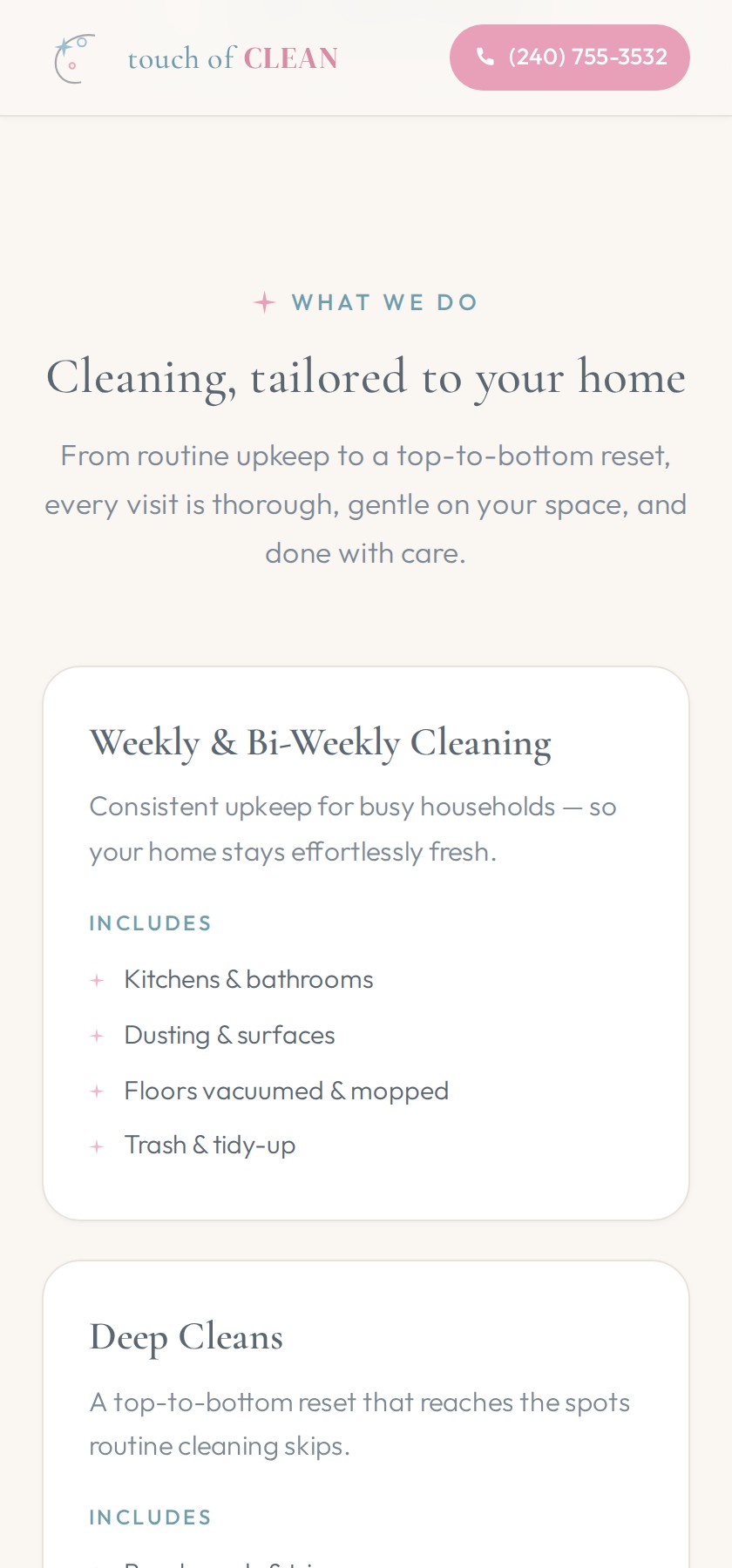 Touch of Clean services section titled Cleaning, tailored to your home with cards for Weekly and Bi-Weekly Cleaning and Deep Cleans.