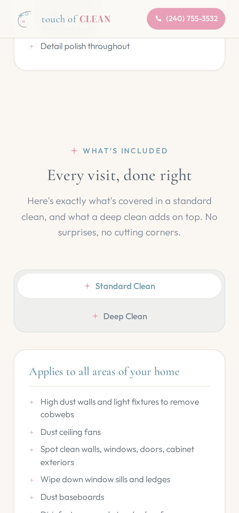 Touch of Clean whats included section titled Every visit, done right with tabs for Standard Clean and Deep Clean and a list of tasks that apply to all areas of the home.