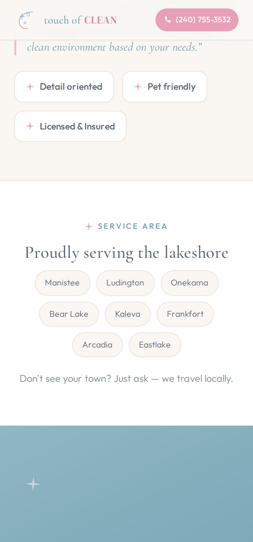 Touch of Clean service area section titled Proudly serving the lakeshore with pills for Manistee, Ludington, Onekama, Bear Lake, Kaleva, Frankfort, Arcadia, and Eastlake.
